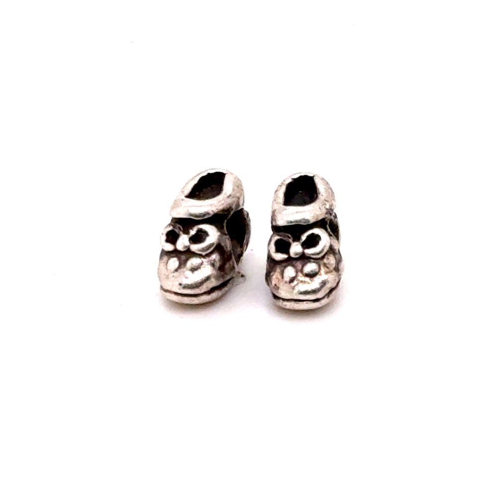 Sterling Silver Baby Shoes Charm Pair 925 Mary Jane Bow Beads for Bracelet